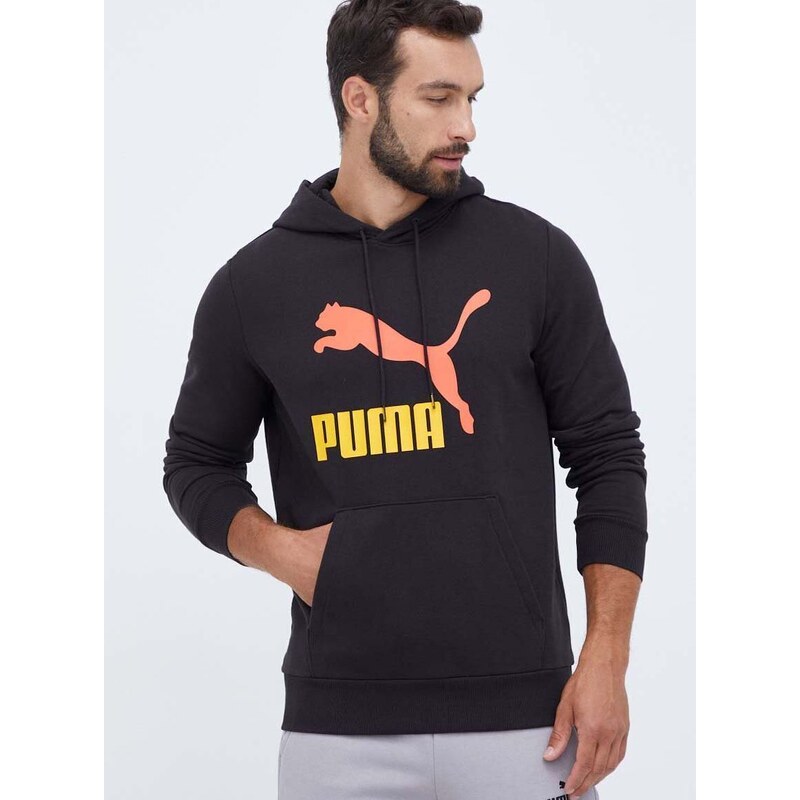 Bavlněná mikina Puma pánská, černá barva, s kapucí, s potiskem