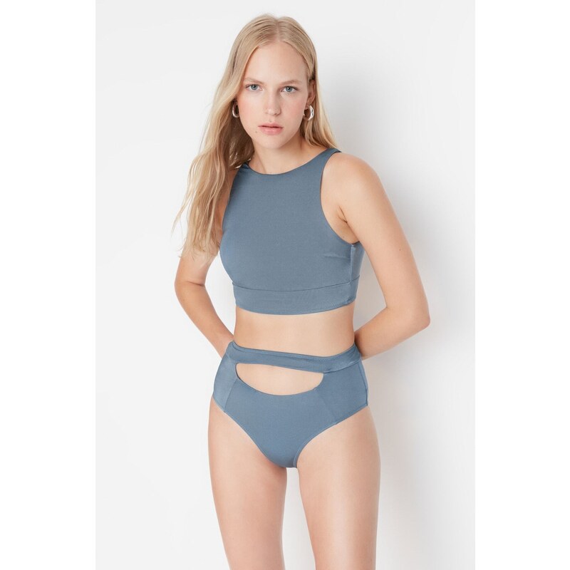Trendyol Blue Shiny Cut Out Detailed High Waist Bikini Bottoms