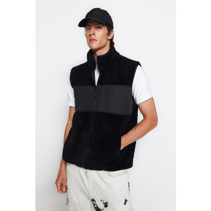 Trendyol Black Regular Fit High Neck Fabric Block Plush Vest