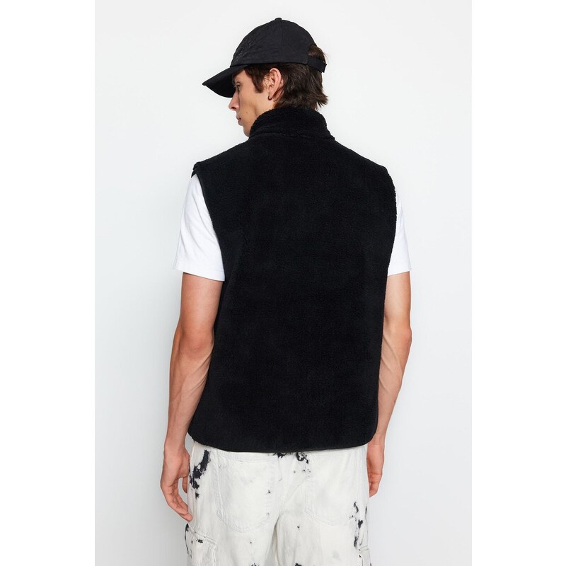 Trendyol Black Regular Fit High Neck Fabric Block Plush Vest