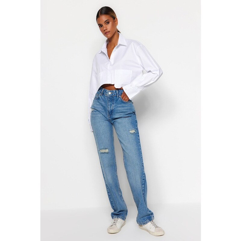 Trendyol Blue Ripped High Waist Long Straight Jeans 107065257