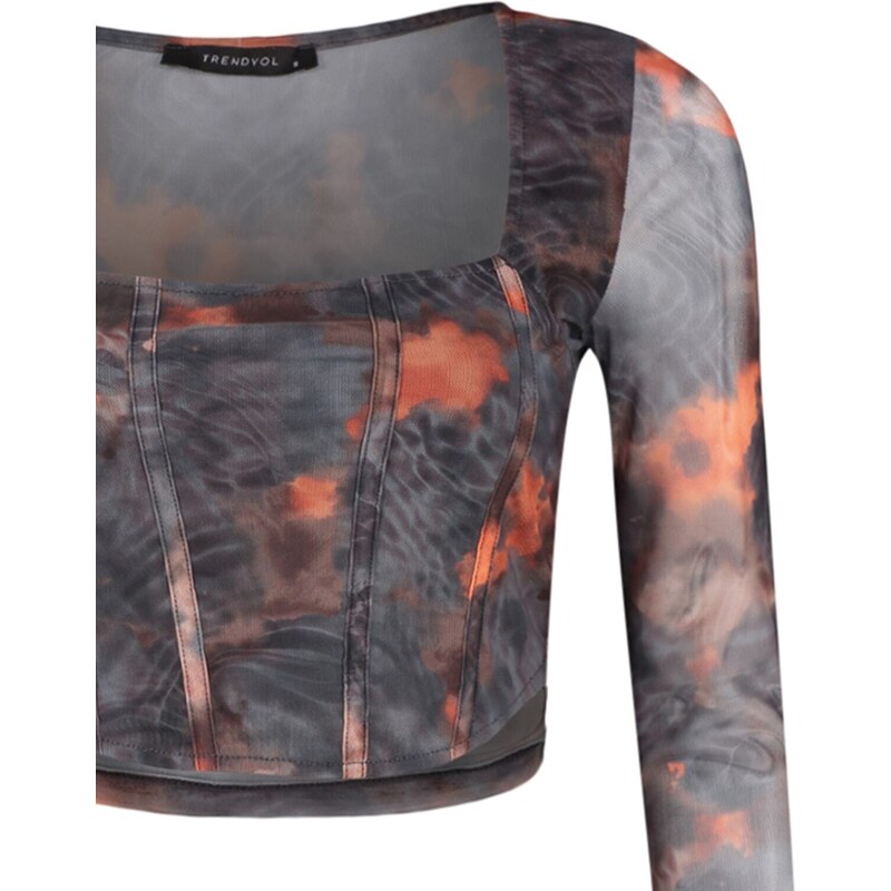 Trendyol Limited Edition Anthracite Transparent Back, Printed Lined Crop Tulle Stretchy Knitted Blouse