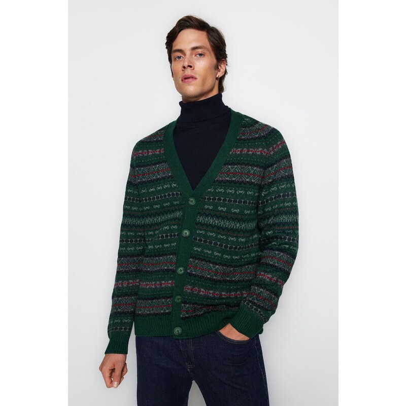 Trendyol Men's Green Slim Fit V Neck Jacquard Knitwear Cardigan