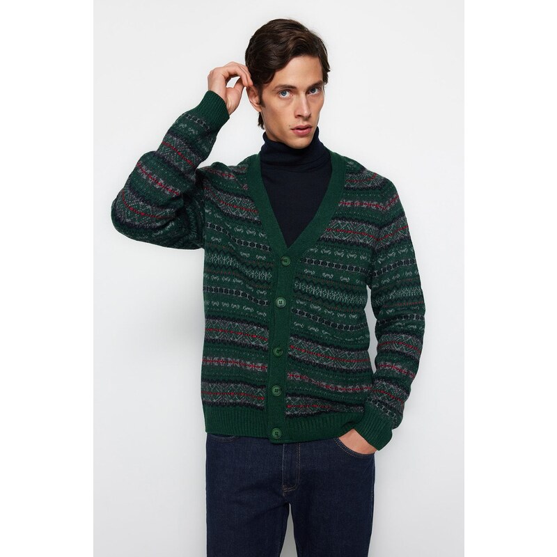 Trendyol Men's Green Slim Fit V Neck Jacquard Knitwear Cardigan