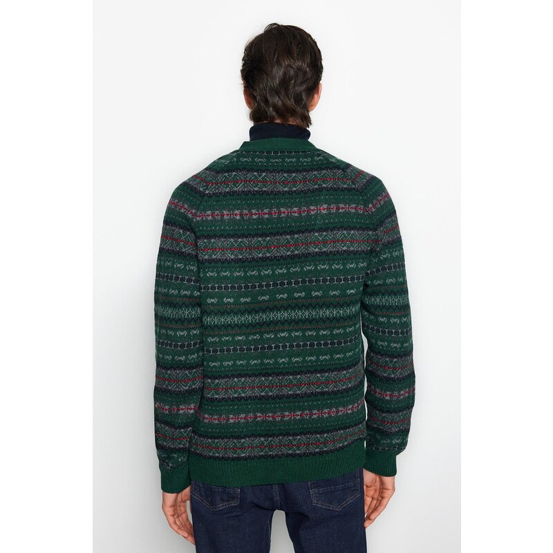 Trendyol Men's Green Slim Fit V Neck Jacquard Knitwear Cardigan