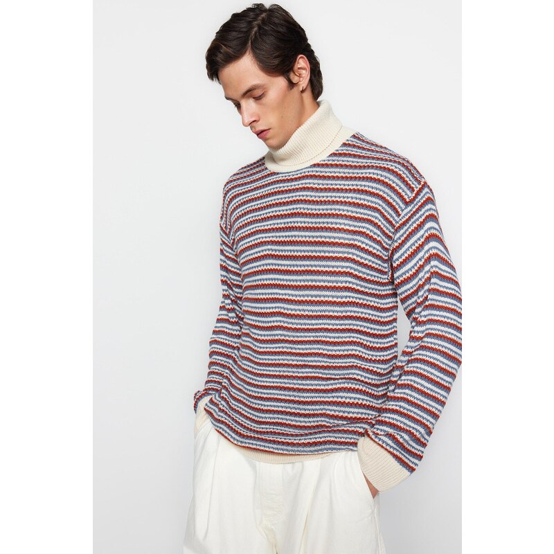 Trendyol Ecru Oversize Fit Wide Fit Turtleneck Striped Knitwear Sweater