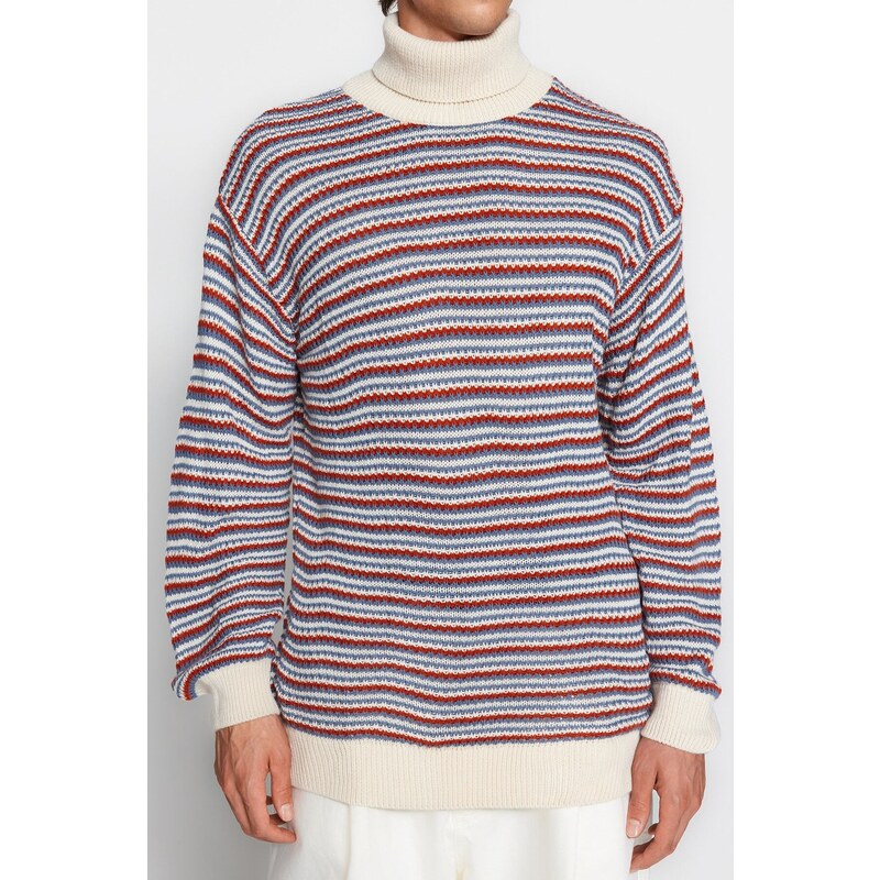 Trendyol Ecru Oversize Fit Wide Fit Turtleneck Striped Knitwear Sweater