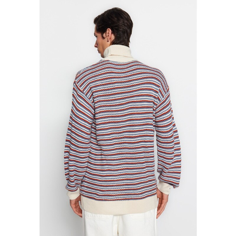 Trendyol Ecru Oversize Fit Wide Fit Turtleneck Striped Knitwear Sweater