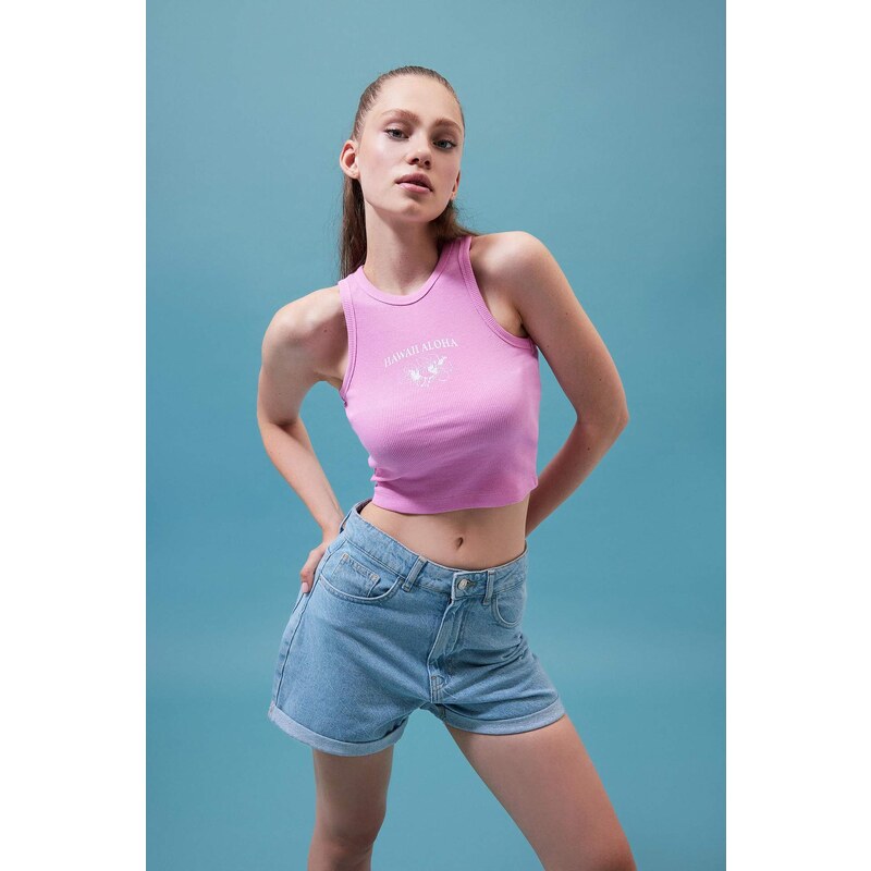 DEFACTO Fitted Printed Crew Neck Ribbed Camisole Crop Top