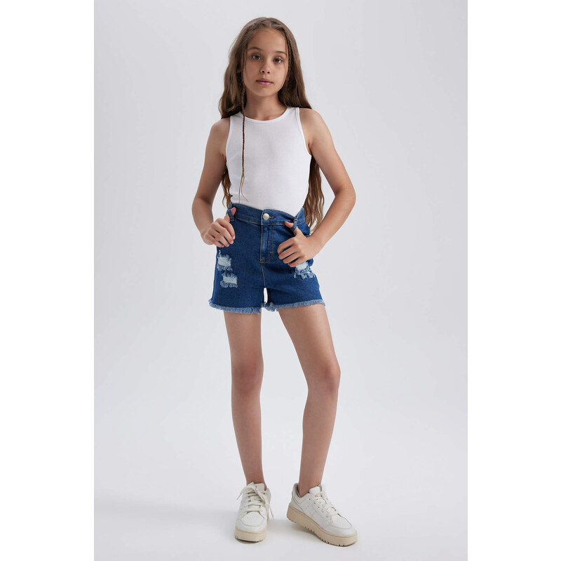 DEFACTO Girl's Mom Fit Ripped Detailed Shorts