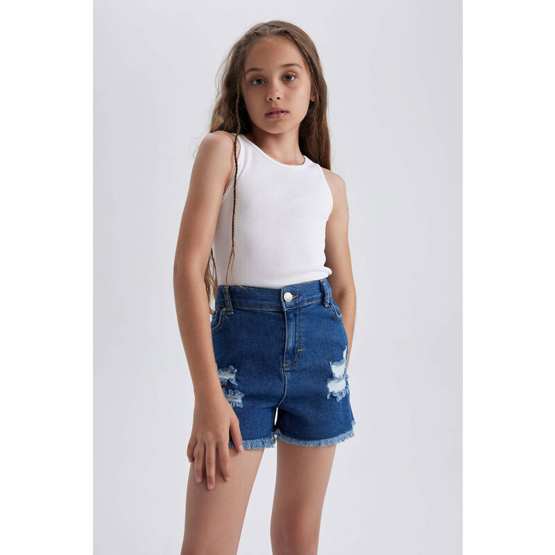 DEFACTO Girl's Mom Fit Ripped Detailed Shorts