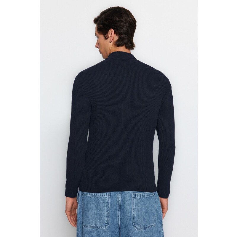 Trendyol Navy Blue Men's Fitted Tight Fitted Cardigan with Zipper Front, Corduroy Knitwear