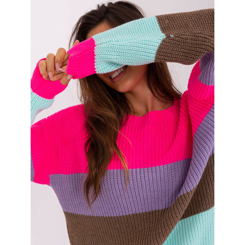 Fashionhunters Fluo růžový a hnědý oversized svetr s vlnou