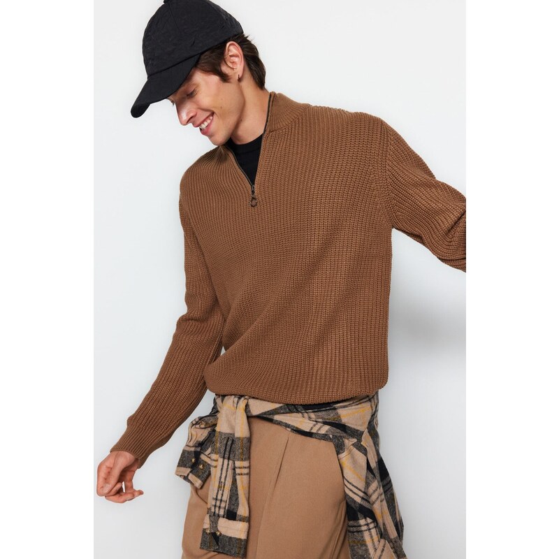 Trendyol Camel Regular Fit Half Turtleneck Zipper Neck Sweater