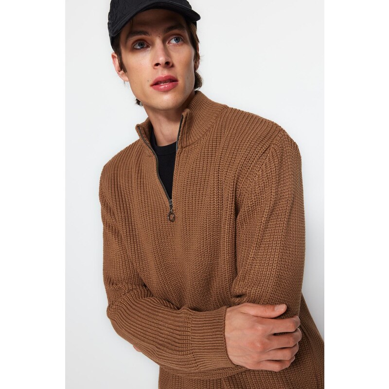 Trendyol Camel Regular Fit Half Turtleneck Zipper Neck Sweater