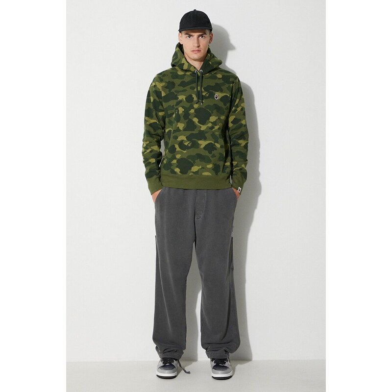 Bavlněná mikina A Bathing Ape pánská, zelená barva, s kapucí, vzorovaná