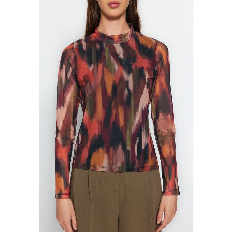 Trendyol Multi Color Printed High Neck and Lined Transparent Back Tulle Flexible Knitted Blouse