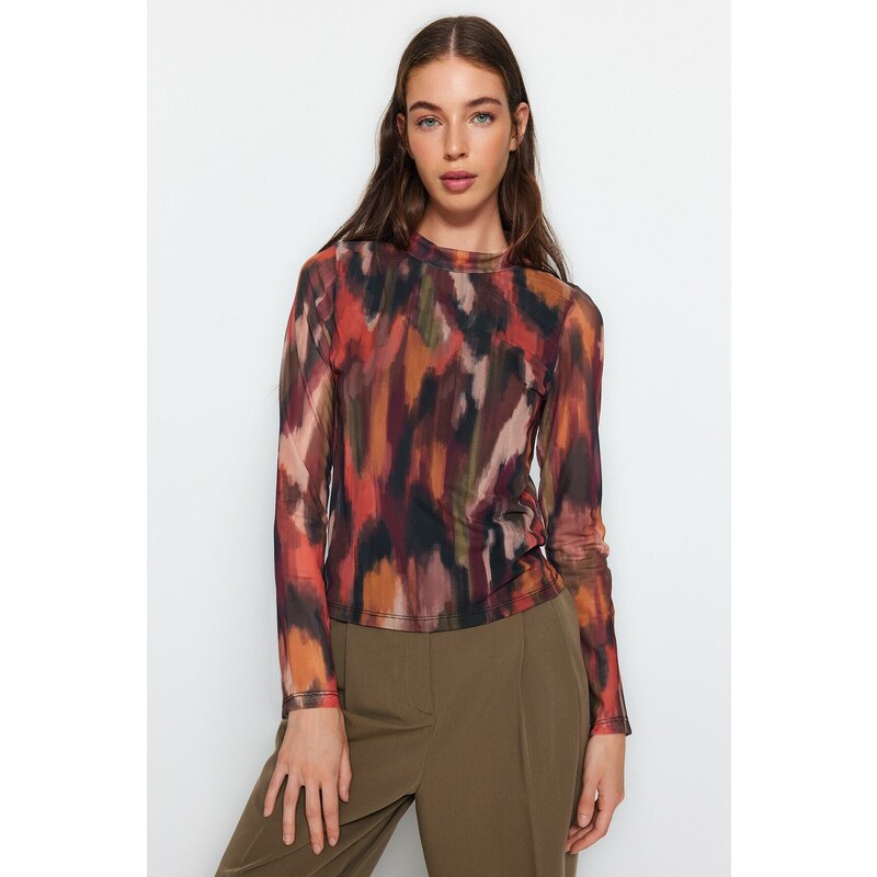 Trendyol Multi Color Printed High Neck and Lined Transparent Back Tulle Flexible Knitted Blouse