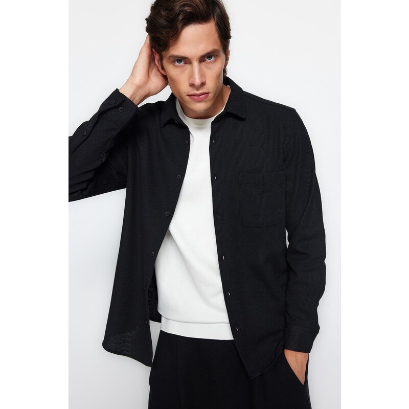 Trendyol Black Regular Fit Waffle Textured Knitted Shirt