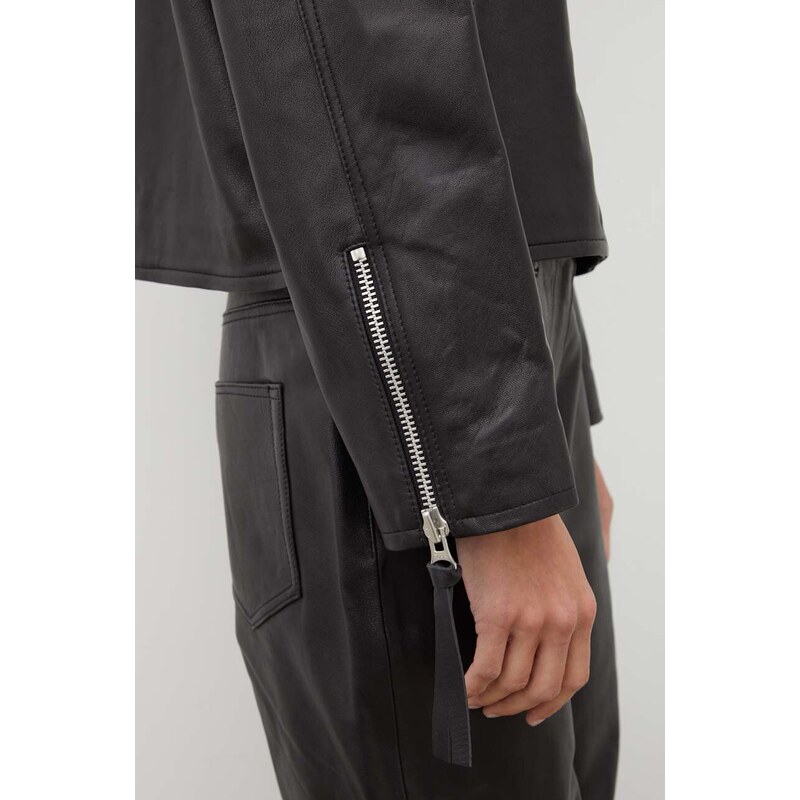 Kožená bunda Samsoe Samsoe dámská, černá barva, přechodná