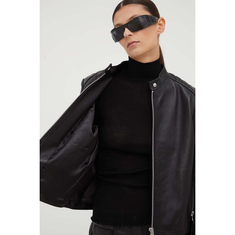 Kožená bunda Samsoe Samsoe dámská, černá barva, přechodná