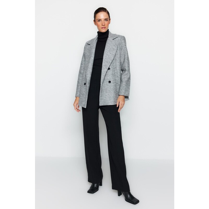 Trendyol šedý prémiový oversize široko střižený vlněný kabát