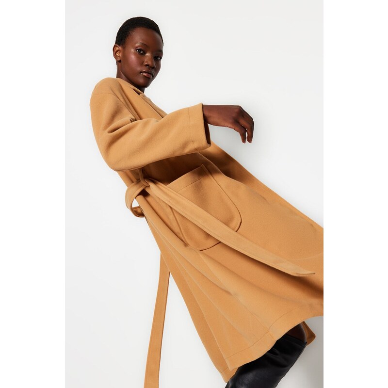 Trendyol Camel Belted Long Stamped Coat