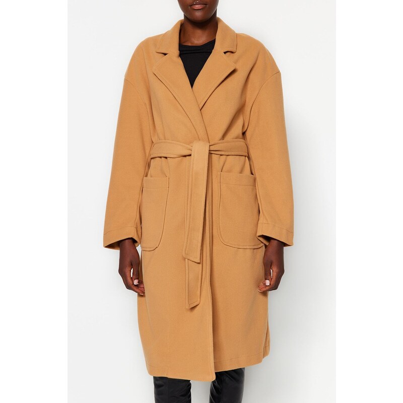 Trendyol Camel Belted Long Stamped Coat