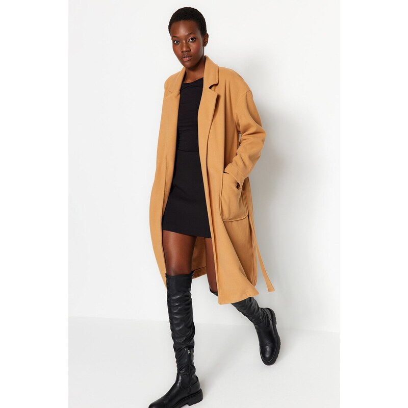 Trendyol Camel Belted Long Stamped Coat