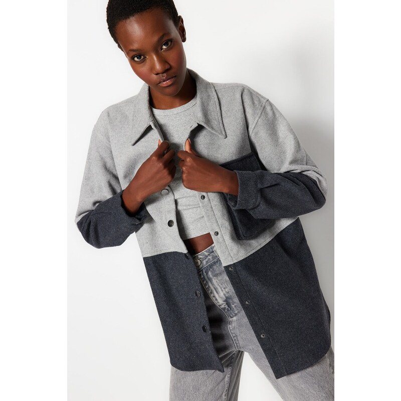 Trendyol Gray Color Blocked Pocket Oversize / Wide Fit Woven Shirt