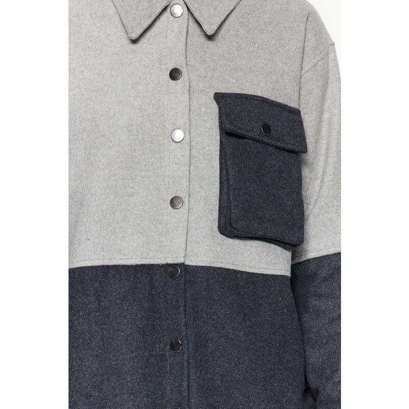 Trendyol Gray Color Blocked Pocket Oversize / Wide Fit Woven Shirt