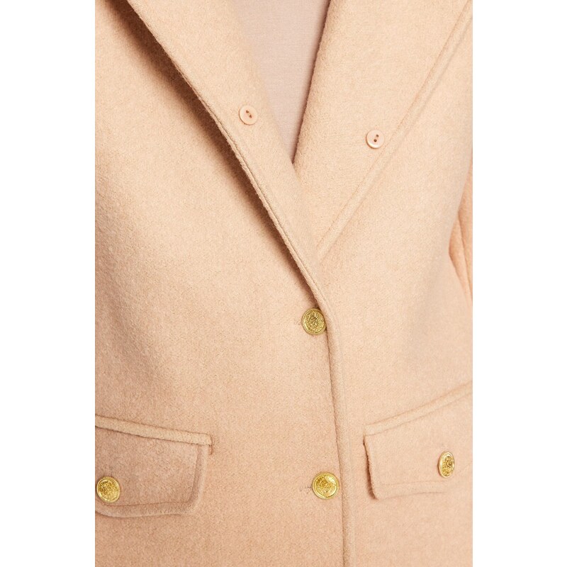 Trendyol Beige Premium kožešinový límec Detailní kabát se zlatými knoflíky