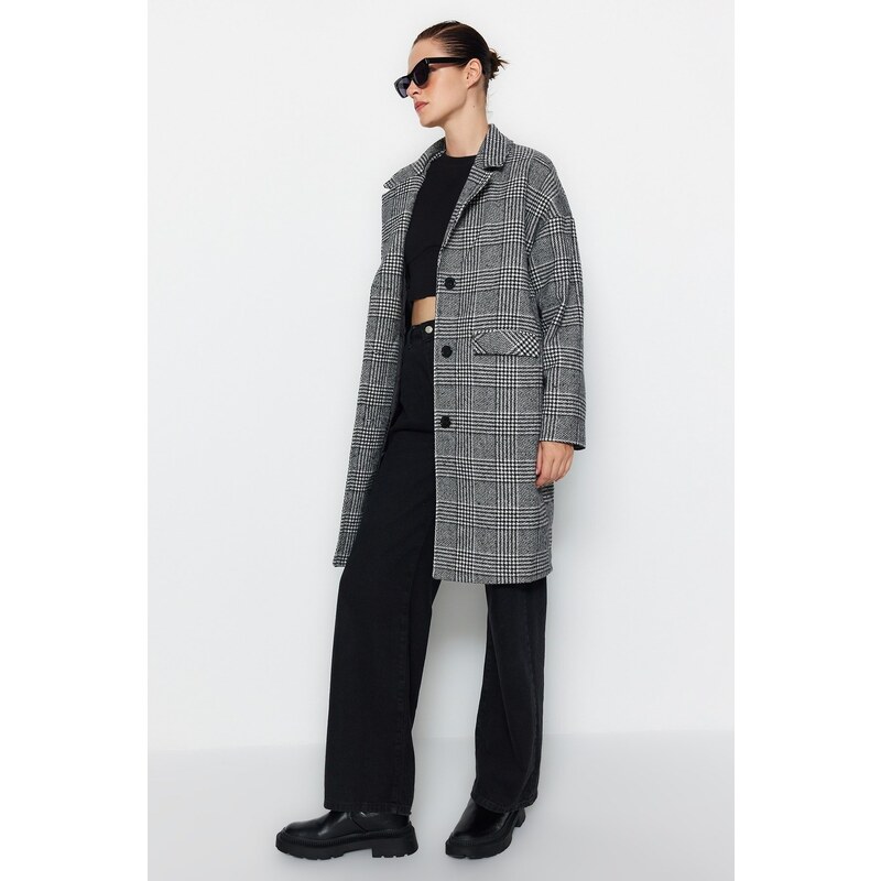 Trendyol Black Oversize široký kostkovaný dlouhý stamped kabát