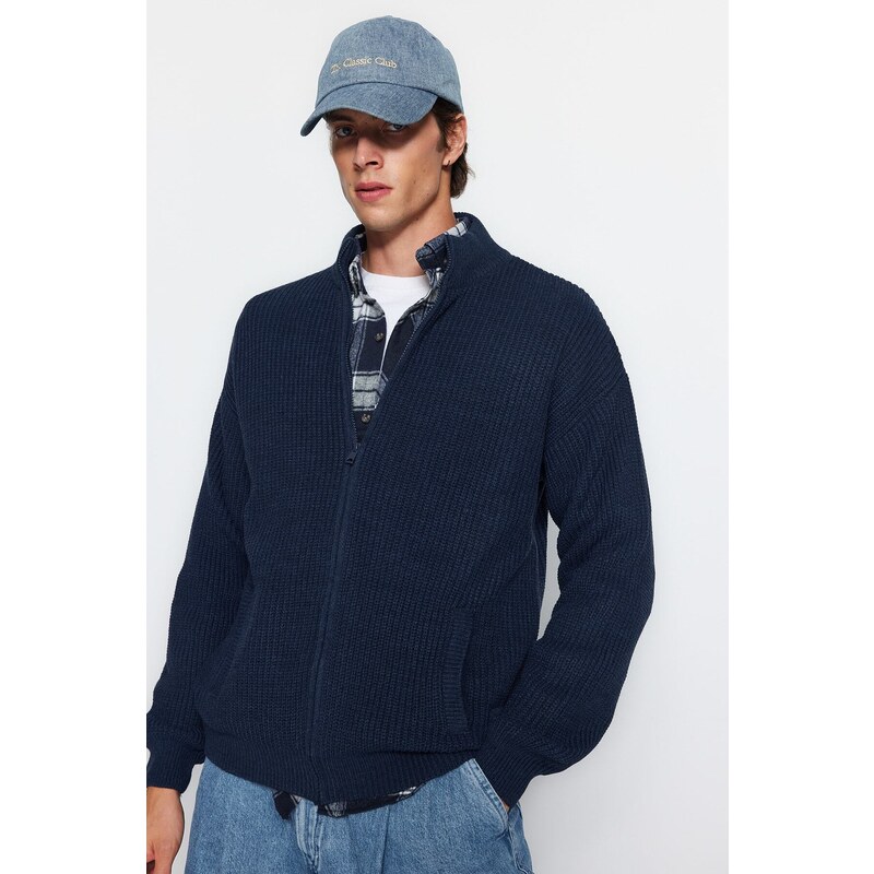 Trendyol Indigo Regular Fit Zippered Pocket Basic Anti-pilling Knitwear Cardigan