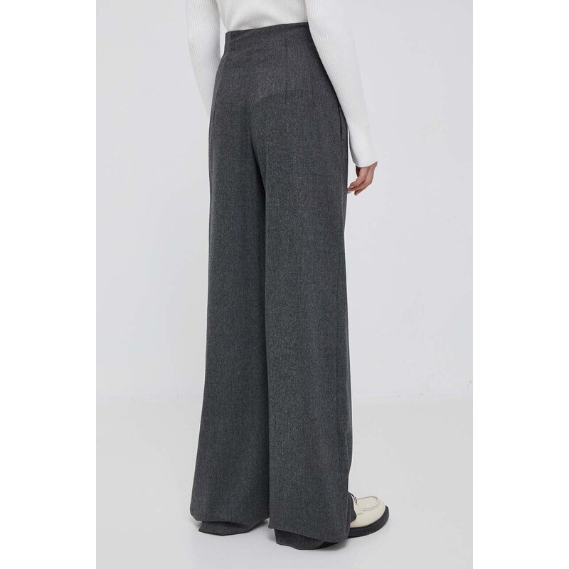 Vlněné kalhoty Emporio Armani šedá barva, široké, high waist