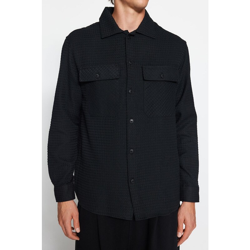 Trendyol Men's Black Regular Fit Shirt Collar Waffle Textured Shirt Jacket with Pocket