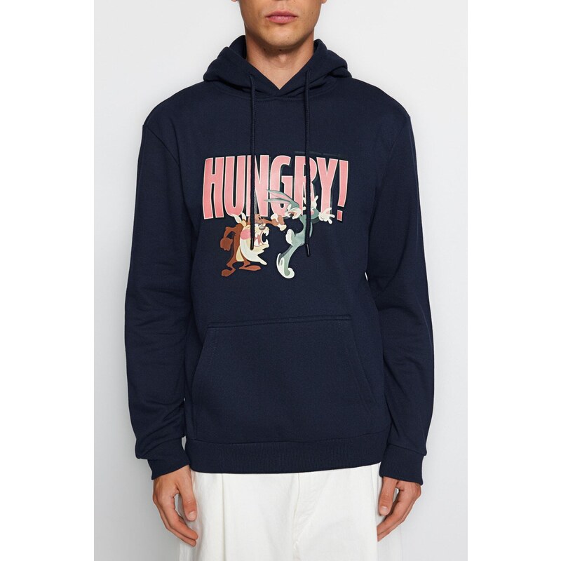 Trendyol Navy Blue Men's Looney Tunes Printed Regular/Regular Cut Hooded Sweatshirt