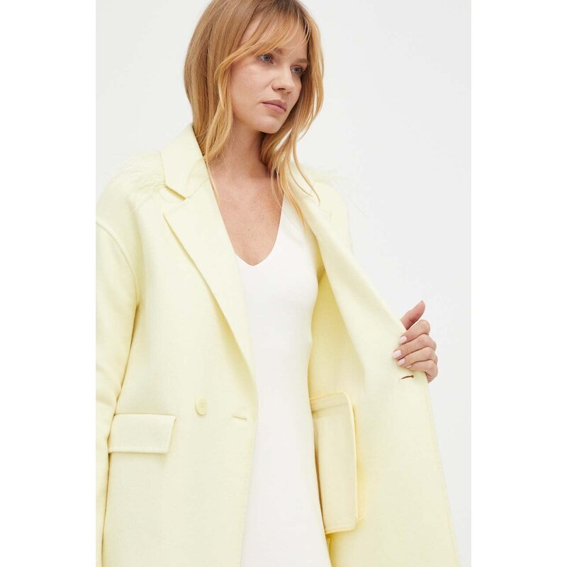 Vlněný kabát Twinset žlutá barva, přechodný, dvouřadový