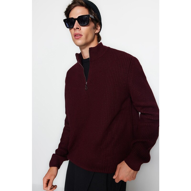 Trendyol Claret Red Men's Regular Fit Half Turtleneck Zippered Collar Sweater
