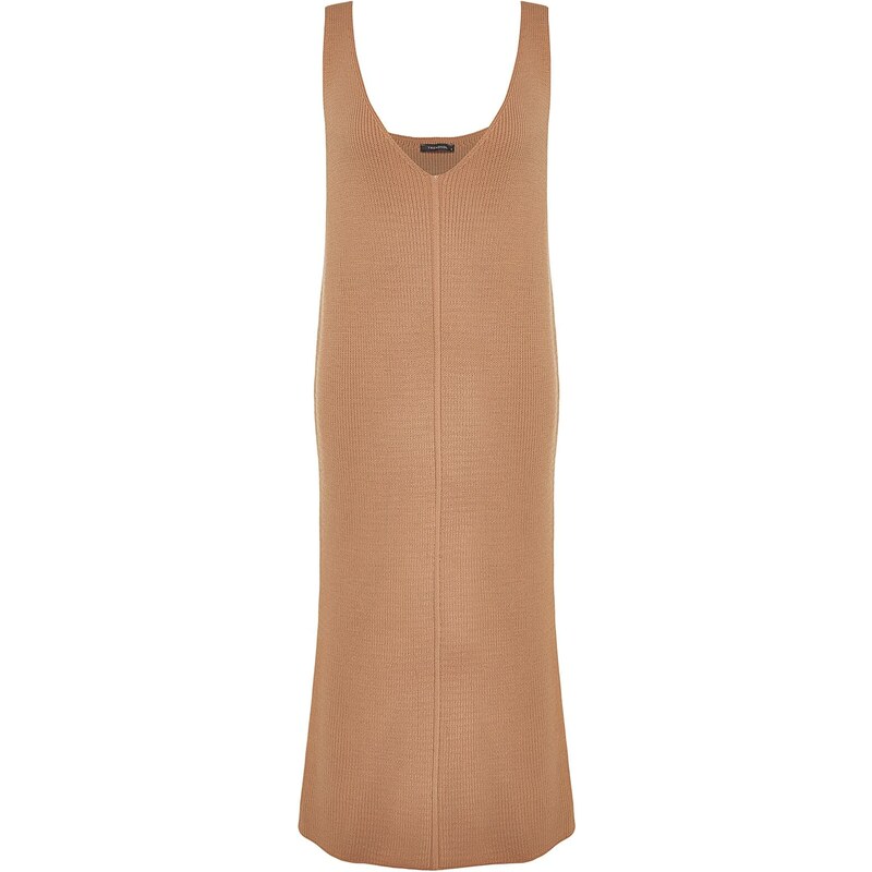 Trendyol Beige Maxi Knitwear V Neck Dress