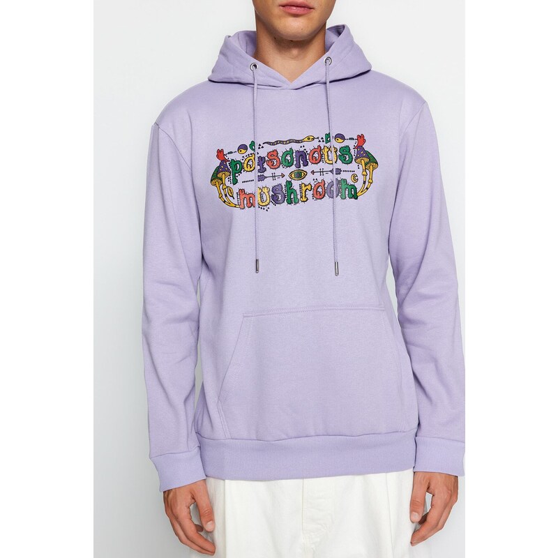 Trendyol Lilac Men's Regular/Normal Fit Hooded Text Printed Sweatshirt