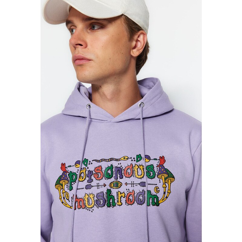 Trendyol Lilac Men's Regular/Normal Fit Hooded Text Printed Sweatshirt