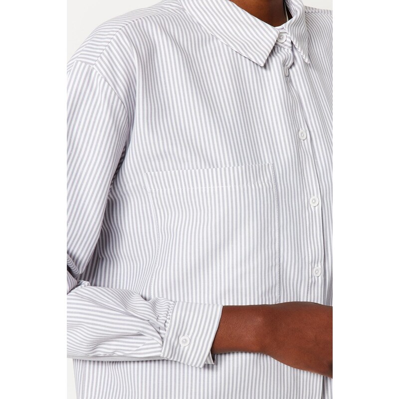 Trendyol Gray Striped Pocket Detailed Oversize/Wide Fit Woven Shirt