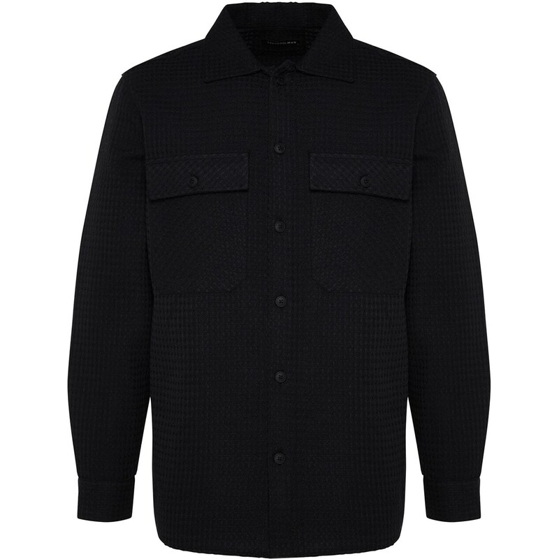 Trendyol Men's Black Regular Fit Shirt Collar Waffle Textured Shirt Jacket with Pocket