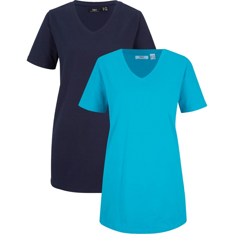 bonprix Základní dlouhé tričko s výstřihem do V (2 ks v balení) Modrá