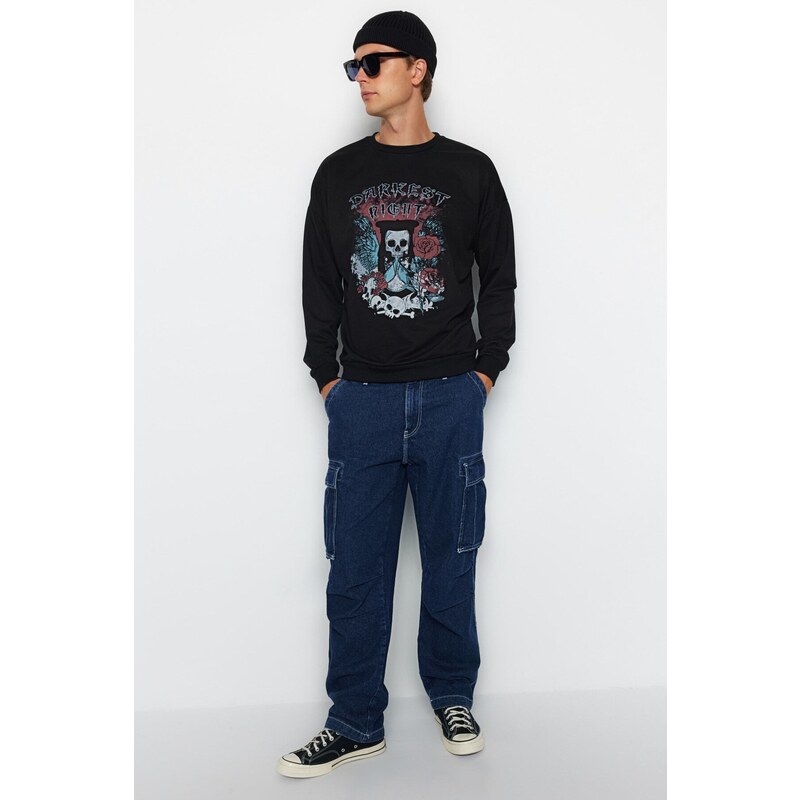 Trendyol Black Oversize/Wide-Fit Crew Neck Rock Theme Sweatshirt