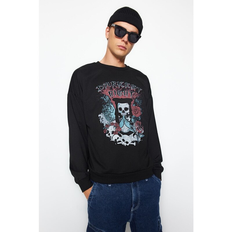 Trendyol Black Oversize/Wide-Fit Crew Neck Rock Theme Sweatshirt