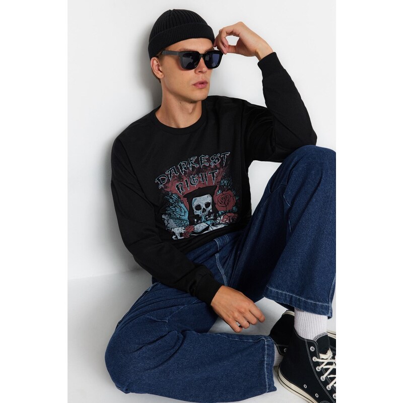 Trendyol Black Oversize/Wide-Fit Crew Neck Rock Theme Sweatshirt