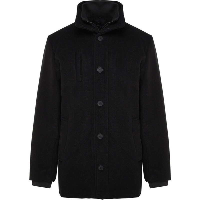 Trendyol Black Men's Regular Fit Standing Collar Wool Blended Winter Coat