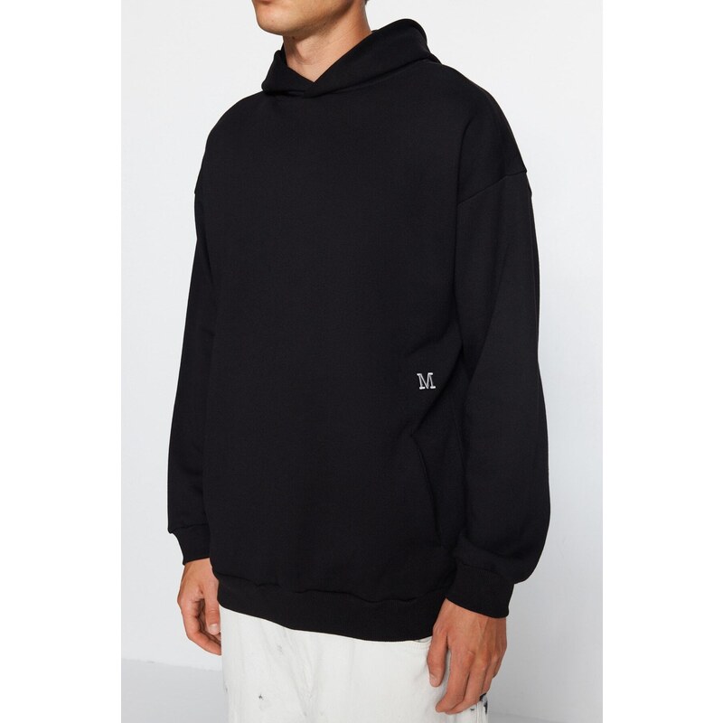 Trendyol Black Oversize/Wide-Fit Hooded Tiny Embroidery Detail Thick Sweatshirt